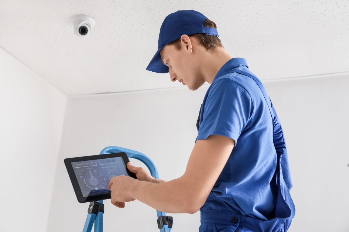 A worker in a blue uniform is operating a touchscreen device while standing under a ceiling camera in a well-lit room.